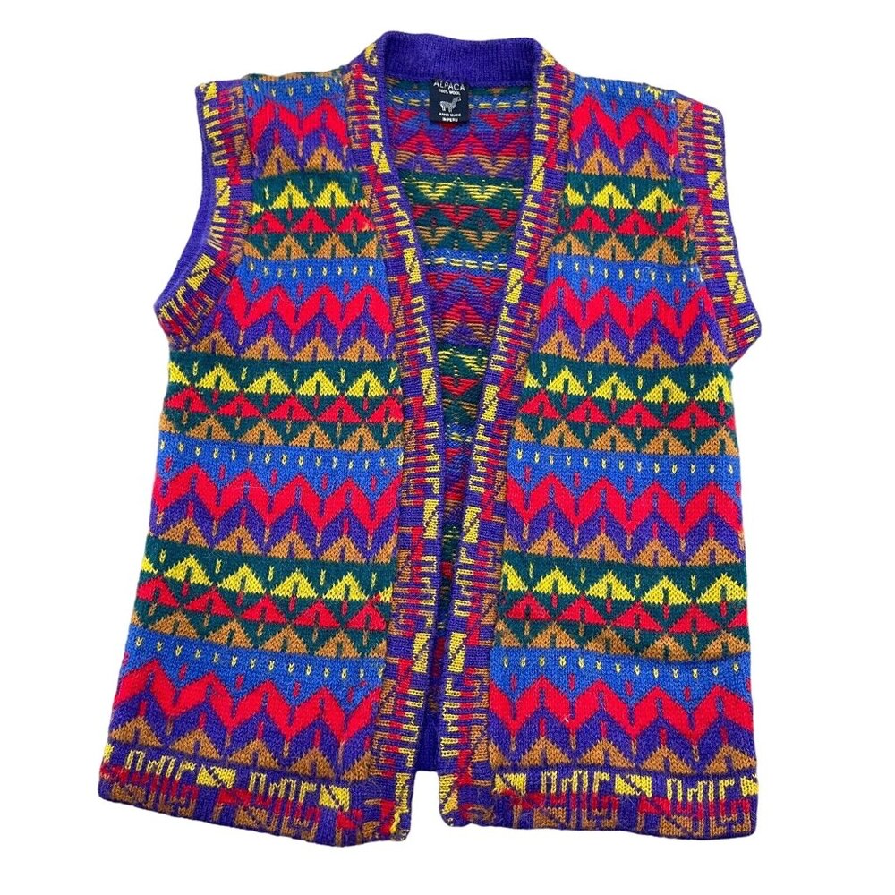Alpaca Vest Women Small Blue Red Yellow Stripe Sweater Hand Knit Wool‎ Peru VTG